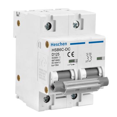 Heschen DC Miniaturowy Wyłącznik Nadprądowy, HSB6C-DC, 2-biegunowy, DC500V 125A, do Kontrolerów Paneli Słonecznych, Montaż na Szynie DIN 35mm, do Systemów PV i Słonecznych