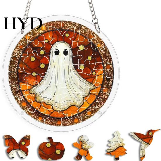 Ghost Themed Halloween Sign Acrylic Puzzle Decor, 2D Pumpkin Skeleton Hanging Sign, Faux Decoration Stained Glass Spooky for Party Home Stress Relief