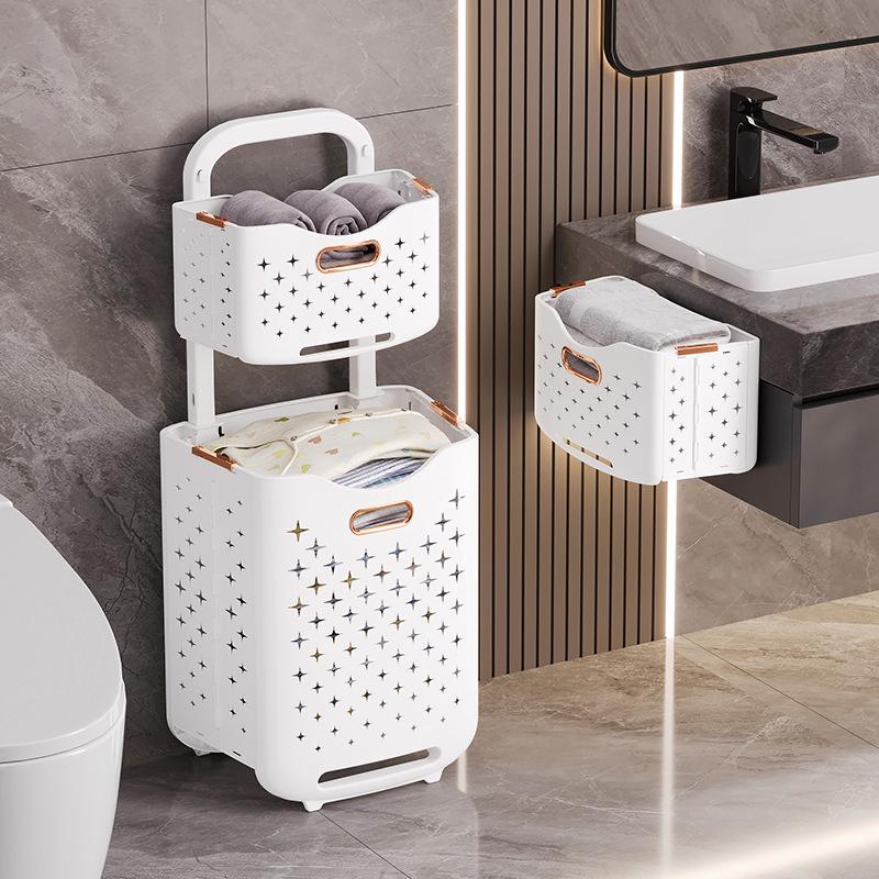 Coș de depozitare haine murdare Coș de rufe pliabil din plastic Coș de rufe acasă Organizator pentru produse de baie Toaletă cu mai multe straturi Coș de rufe Roți