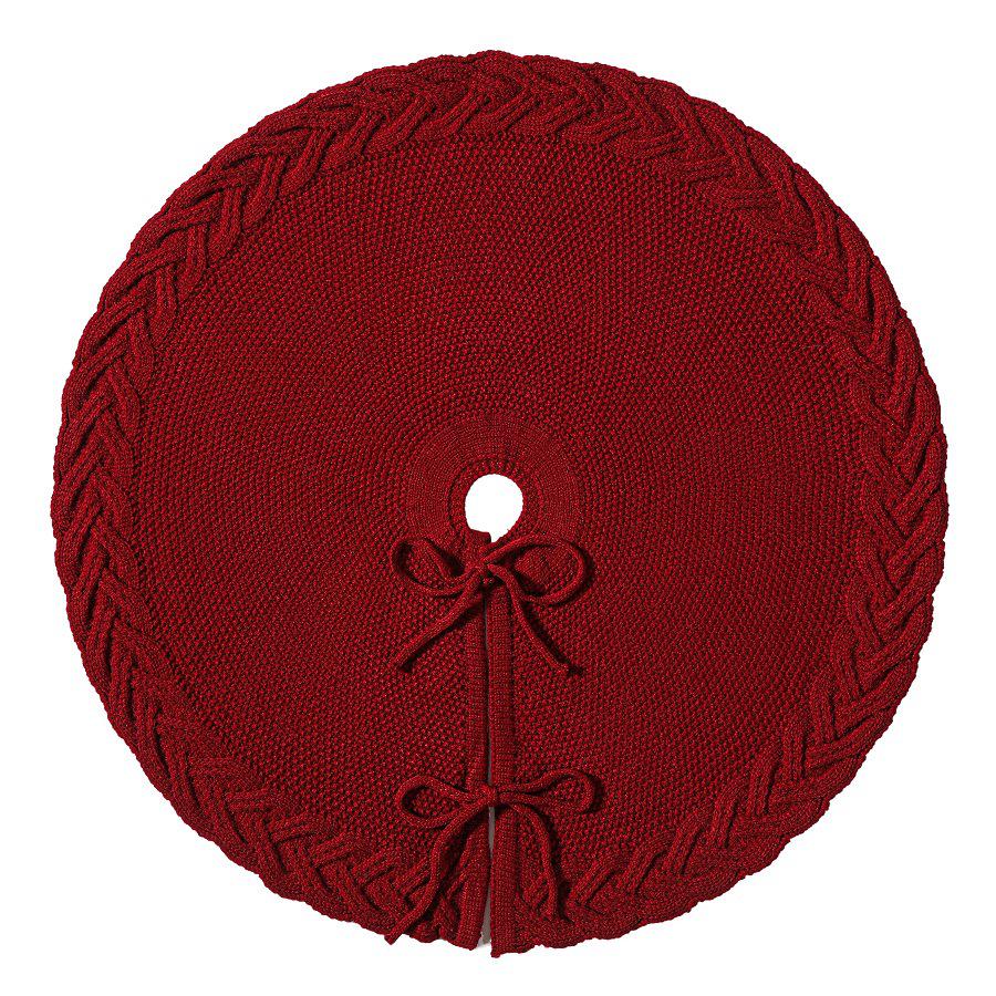 Nordic Red Knitted Christmas Tree Skirt with 3D Cable Knit Texture