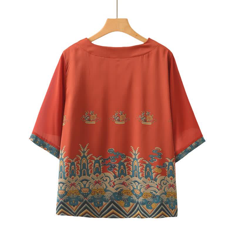 YUZHAOLIN Women's Plus Size Chinese Style Print 3/4 Sleeve T-Shirt