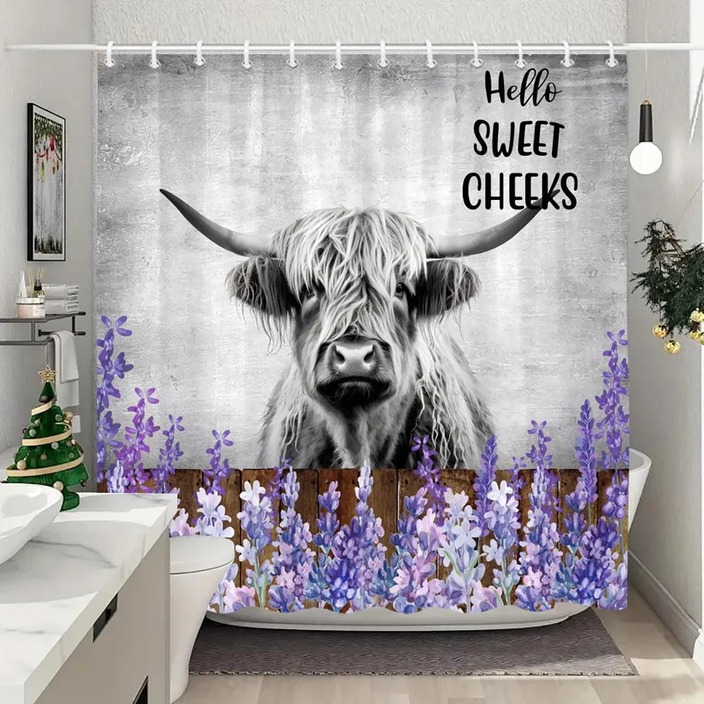 Funny Highland Cow In Bathtub Shower Curtain Green Plants Eucalyptus Leaves Sunflower Lavender Shower Curtains Bathroom Decor