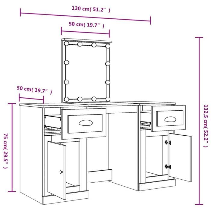 VidaXL Coiffeuse avec LED, Table Cosmétique avec Miroir et Tiroir, Bureau de Maquillage Chambre à Coucher, Moderne, Sonoma 3185349