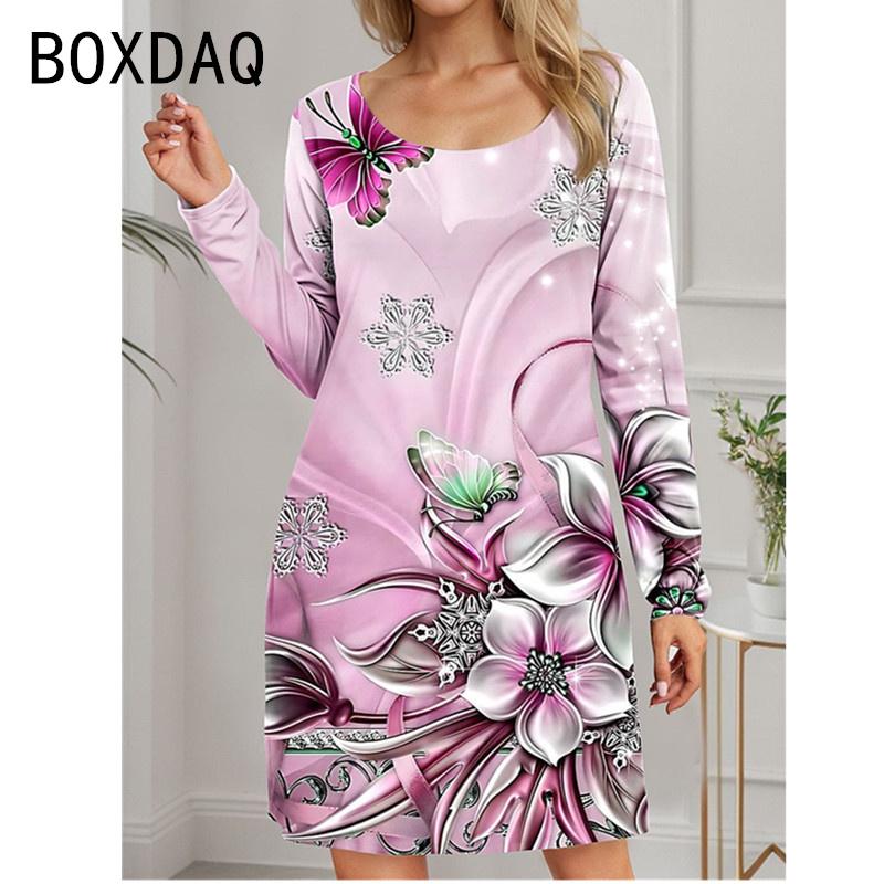 Women Long Sleeve O-Neck Mini Dress Vintage Elegant A-Line Dress 3D Ice Flower Pattern Casual Dress Vestidos De Mujer