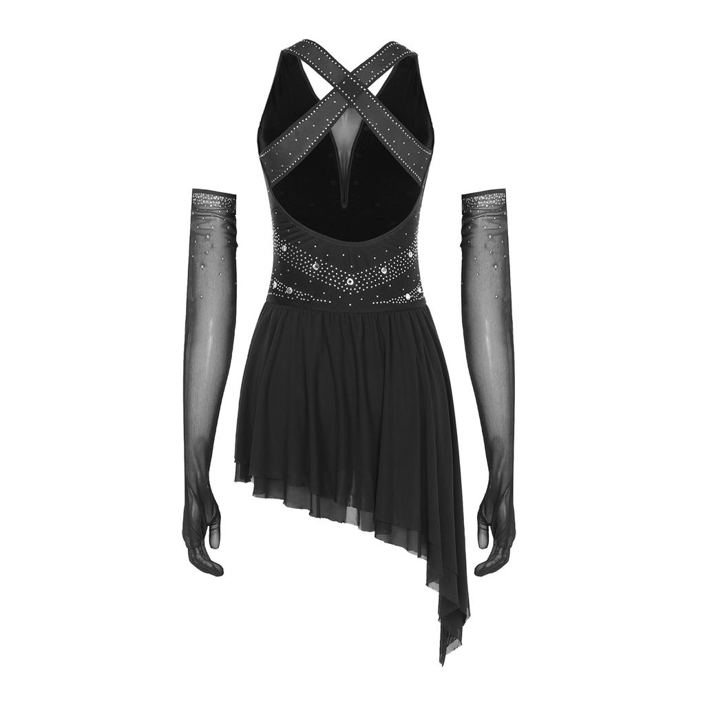 Damen Glitzer Tanzkleid Ärmellos Asymmetrischer Saum Strass Verziertes Abendkleid Set mit Netzhandschuhen mit vollen Fingern