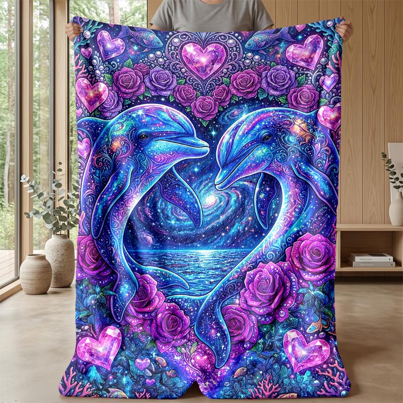 Dolphins in Heartful Ocean Theme blanket Lightweight Warm Flannel Blanket Decorative Throw Blanket for Home Decoration