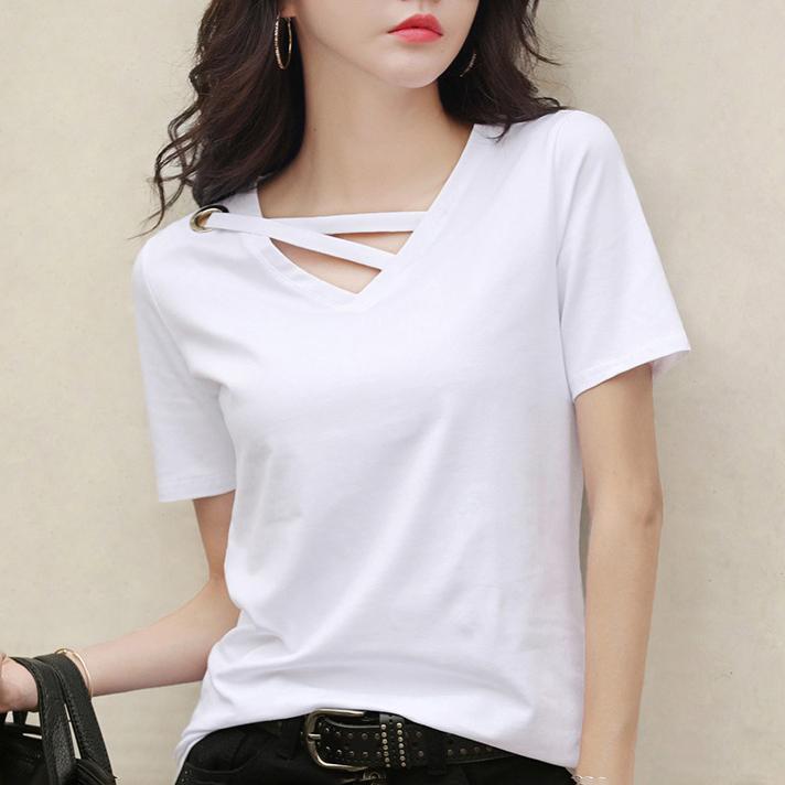 Moda Verão Feminina Camiseta Gola V Solta Cor Sólida Top Camiseta Casual