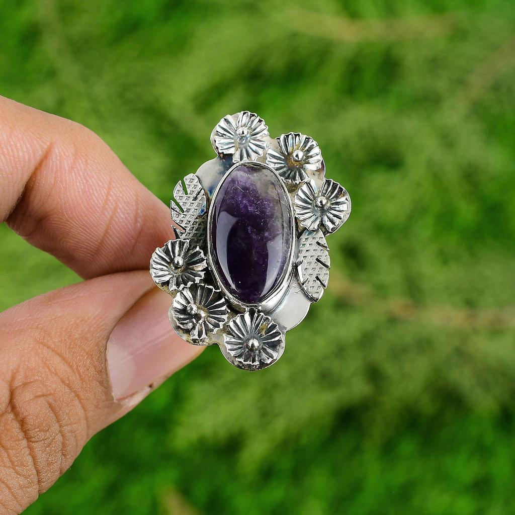 Gift For Her Natural Chevron Amethyst Promise Flower Adjustable Ring 925 Silver
