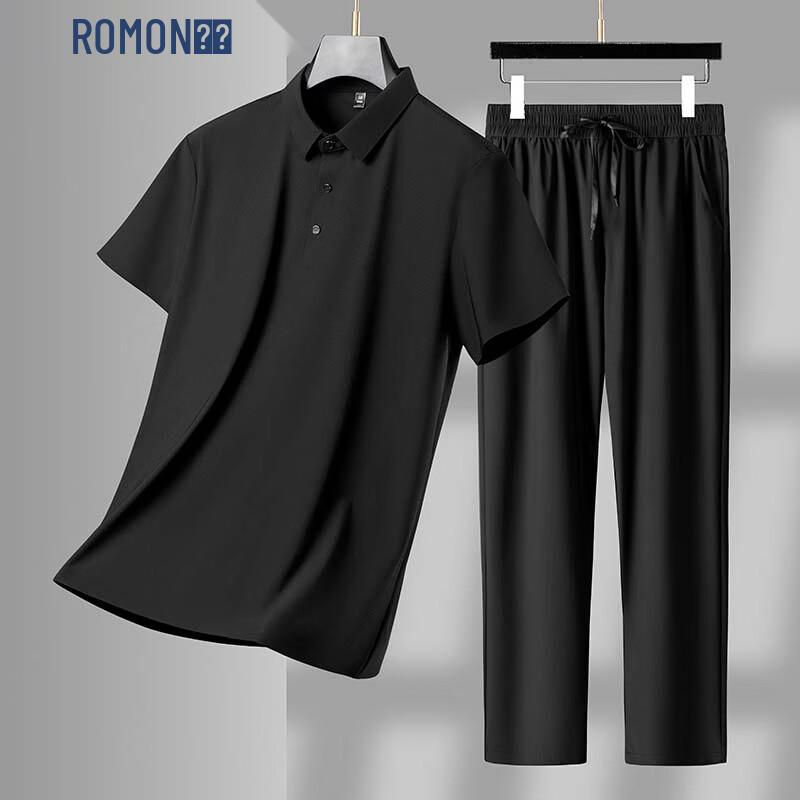 Romon Men s Ice Silk Seamless Polo Shirt & Pants Set 175