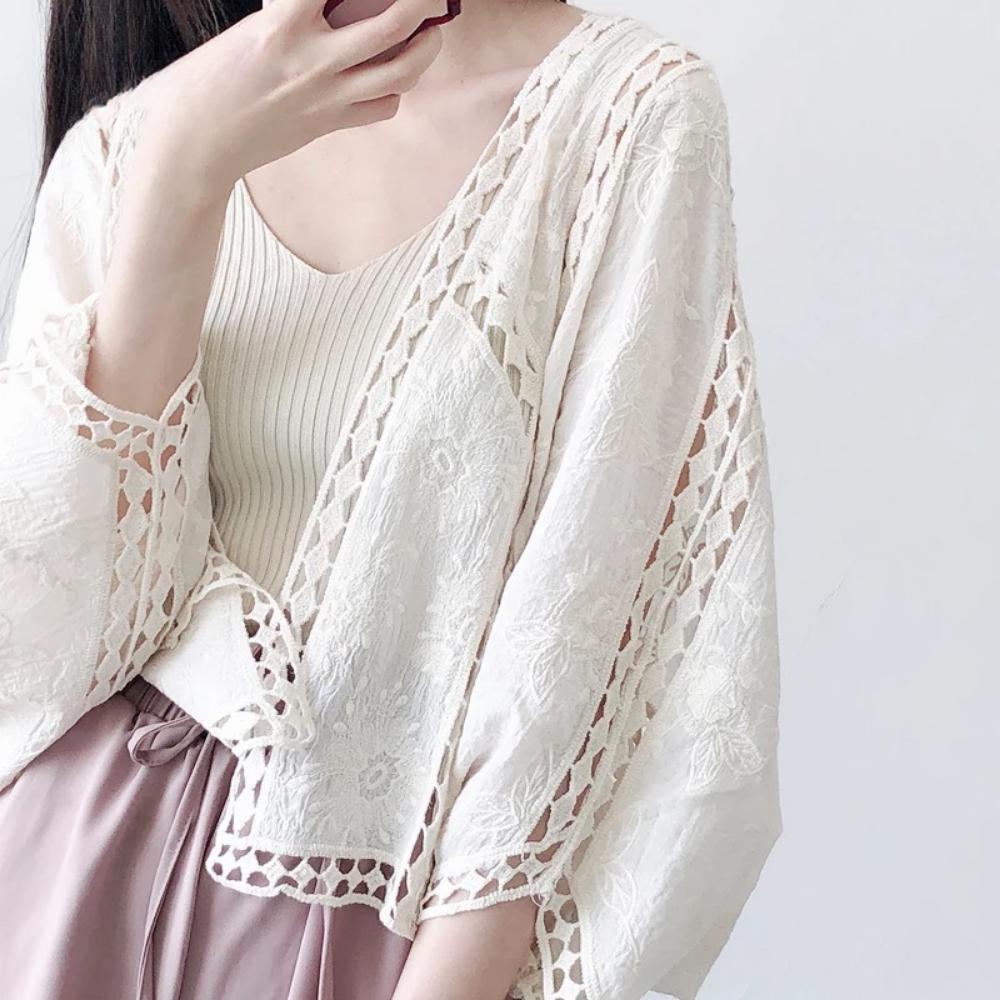 DX- MS64-Spring and Summer Cotton Embroidery Lace Cardigan Short Bat Sleeve Loose Shawl 7 Split Sleeve Air Conditioner Sunscreen Clothes Cover Female
