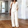 2026 Spring Women's Fashion: Solid Color V-neck Long Sleeve Top & Long Pants Set
