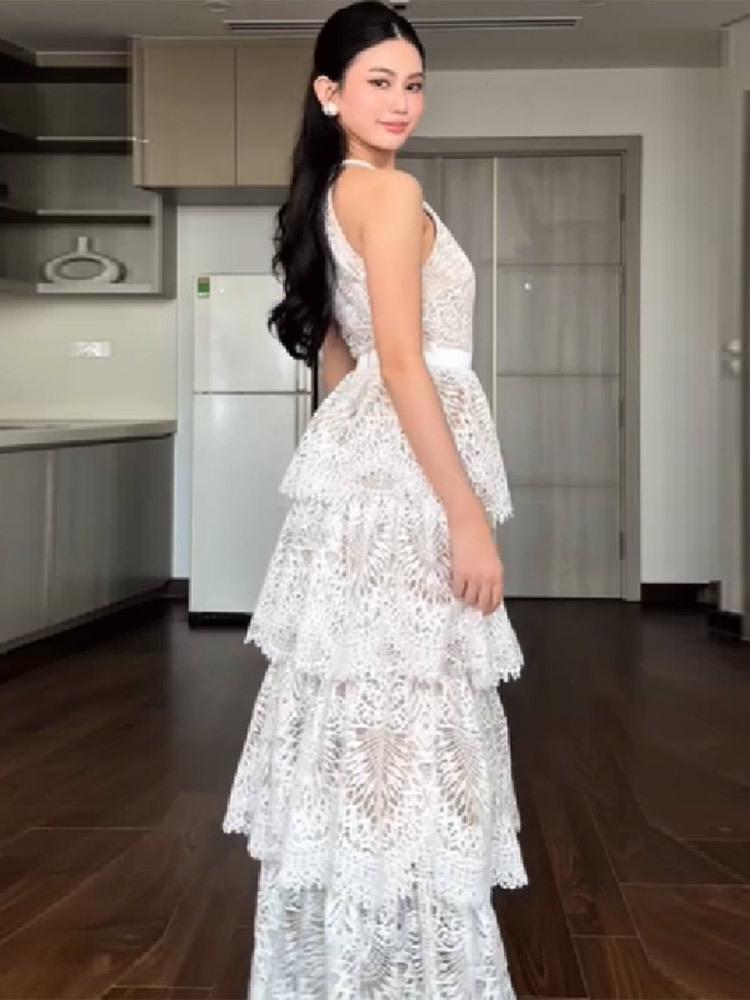 Elegant Sleeveless White Lace Lantern Dress for Women - 2026 Spring Collection