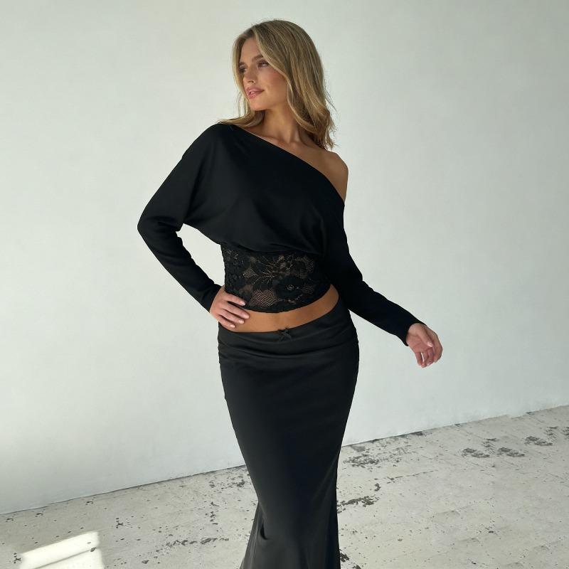 Damen Ein Schulter Spitze Patchwork Top - Sexy Slim Fit Schulterfrei Langarm Einfarbiges Hemd
