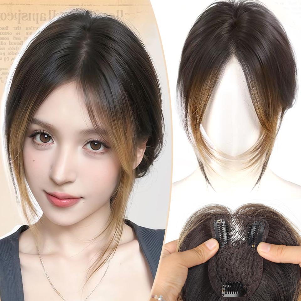 

Синтетический 16-дюймовый Топпер на Заколках Наращивание Волос Черный с Мелированием Ленточно-золотой Пробор Посередине Прямой Покрытие Седых Волос Заколка-Кложур