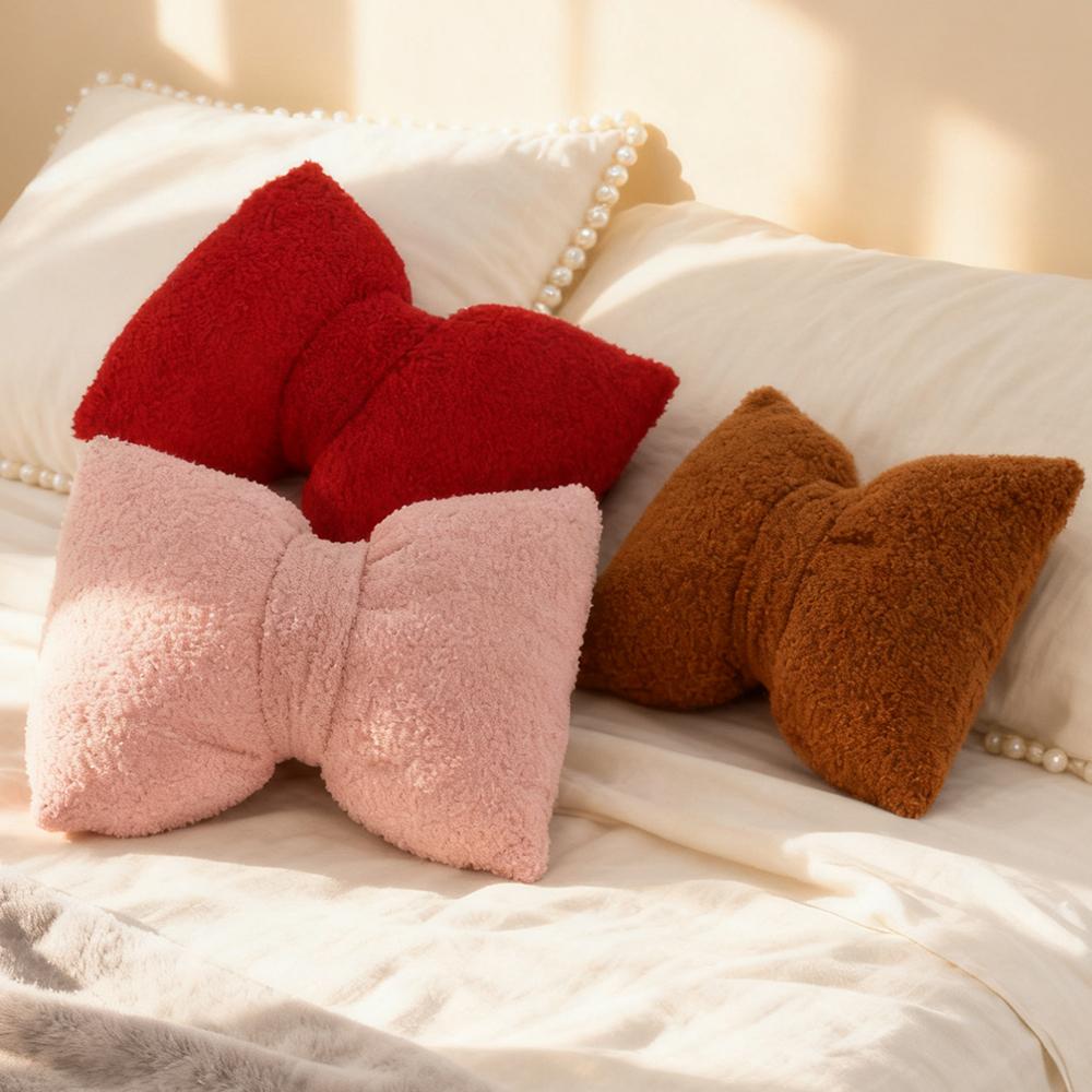 BUYNOW 1PC Solid ColorPlush Bow Pillow with Filling Minimalist Korean-style ins LivingRoom Sofa Cushion Cover Home Bedroom Decor