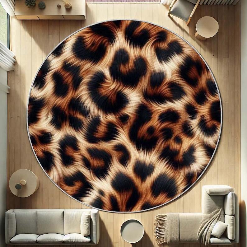 

Leopard Print Round Rug, Faux Fur Animal Pattern Mat, Soft Washable Wild Decor for Kitchen Bedroom, Trendy Gift Idea for Her Diameter 100cm
