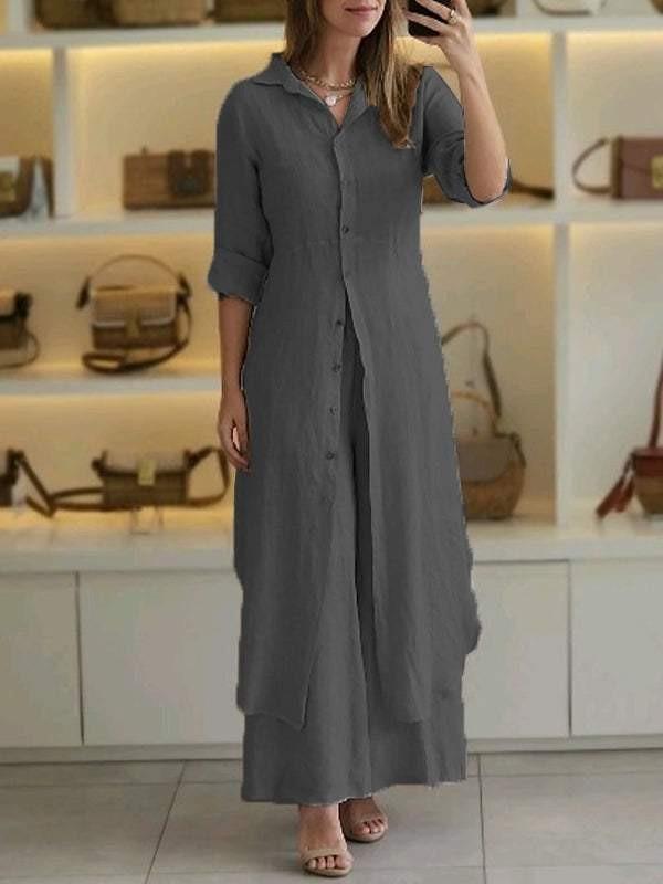 European and American Women's Clothing New Summer and Autumn Urban Elegance Cotton and Linen Slim Waist Long-sleeved Shirt Wide-leg Pants Suit Women