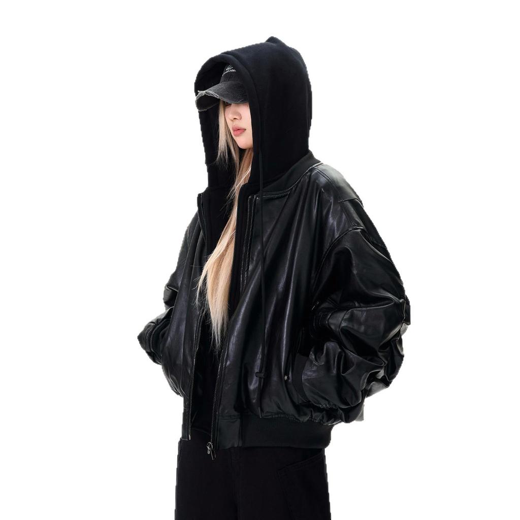 2025 Unisex Černá Bomberová Bunda s Kapucí ze Patchworkové PU Kůže