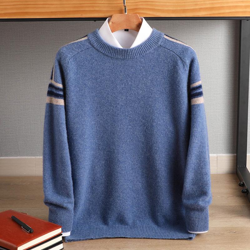 Men's Cashmere Wool Color Block Round Neck Sweater, Korean Style Loose Casual Knit Pullover, Plus Size for Autumn/Winter