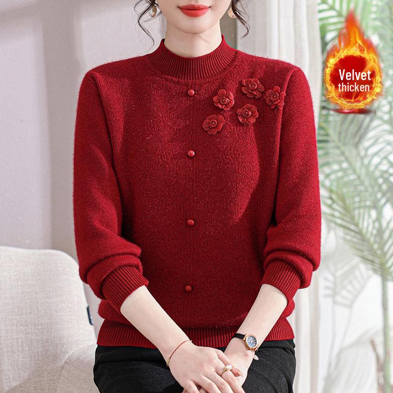 Winter New Style Women's Plus Velvet Knit Pullover - Thick, Warm Outerwear for Moms