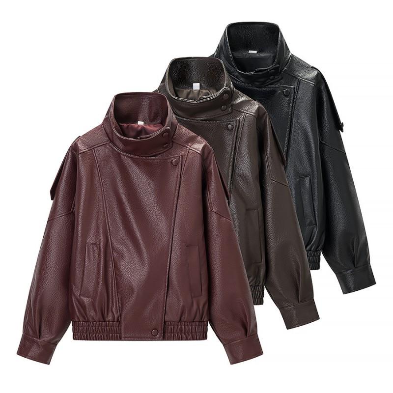 Womens 3-color Faux Leather Jacket Loose Fit Square Collar Winter Wear
