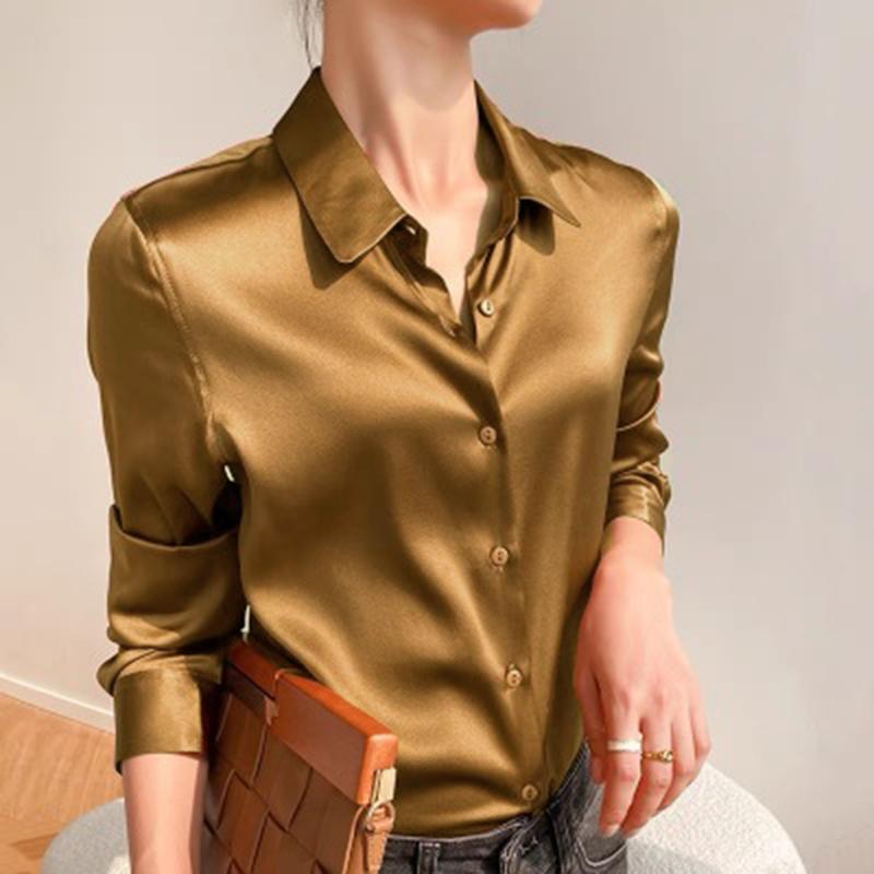 Mote Uformelt kontor Dame satengskjorte Løse lange ermede topper Solid Plus Size Damebluser Elegant Button Up Vintage Enkle Dameskjorter 25678