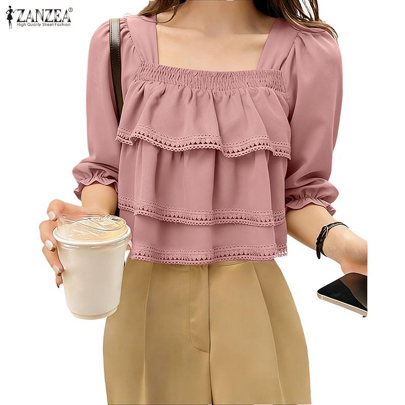 ZANZEA Damen Freizeit Bluse mit eckigem Ausschnitt Sommer Halbarm
