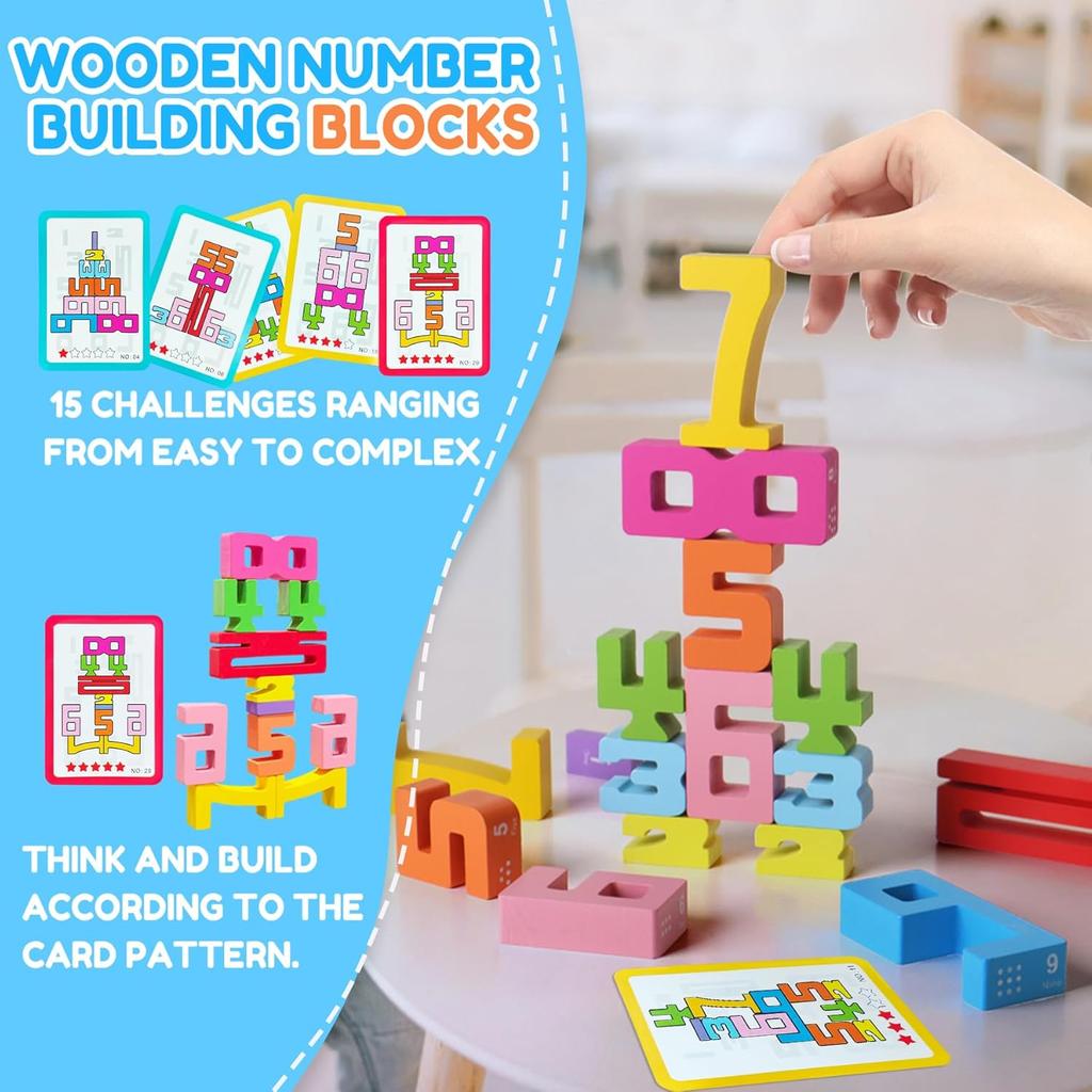 Wooden Number Building Blocks Montessori Number Stacking Blocks Puzzle Balance Competition Toy, Educational Gift for Toddler