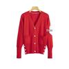 Women's Red Knit V-Neck Cardigan - Short Jacket, Trendy 2025 Style
