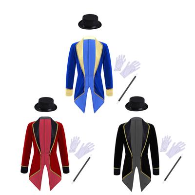 Girls Circus Costume Set Long Sleeve Lapel Tailcoat Hat Magic Wand Gloves Halloween Cosplay Dress Up