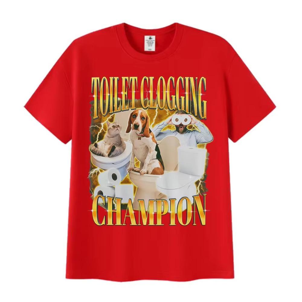 Toilettenverstopfungs-Champion Lustige Meme-Grafiken T-Shirt Niedlicher Haustier-Humor Geschenk Kurzarm-T-Shirts Mode Hochwertige Baumwoll-Tees