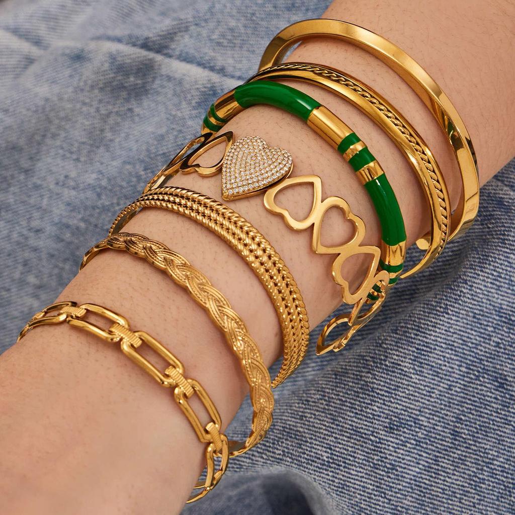 Stylish Stainless Steel Bracelet with Enamel Design and Zirconium Accent