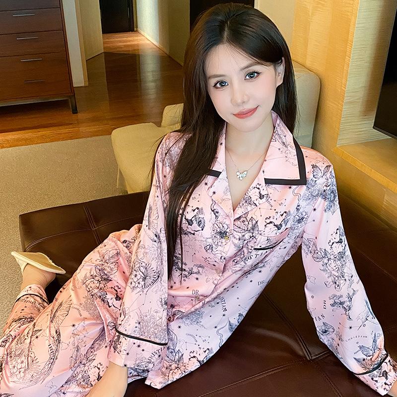 Spring Autumn Long Sleeve Trouser Pijamas Suit Women Loose Casuak Silk Satin Home Clothes 2PCS Pajamas Set Nightwear Lounge Wear
