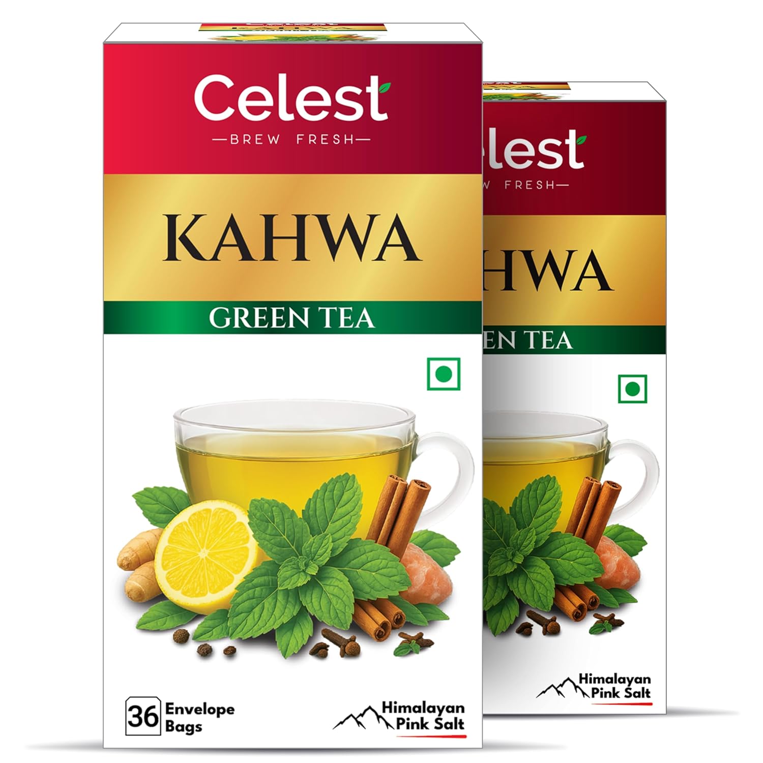 Celest Kahwa Green Tea 36 Bags x 2 Packs Detox Herbal Tea with Spices and Refreshing Flavor