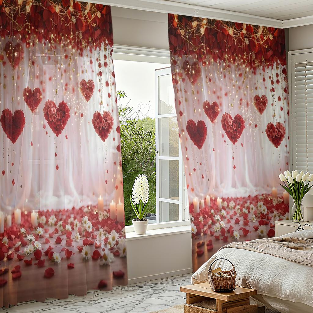 Valentine Day Decorative Curtain Heart Rose Flower Holiday Decoration Design Lightweight Breathable Semi Transparent Polyester Material Suitable