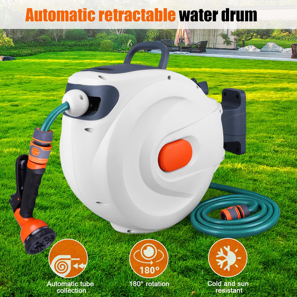 Retractable Garden Hose Reel 20M Length Lock Automatic Retractable Hose Reel Slow Return ABS with Sprayer Nozzle for Garden Wate