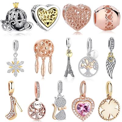 Moda Różowe Złoto Drzewo Feather Serce Charms Koraliki Fit Oryginalna Bransoletka Kobiety 925 Sterling Silver Biżuteria Akcesoria