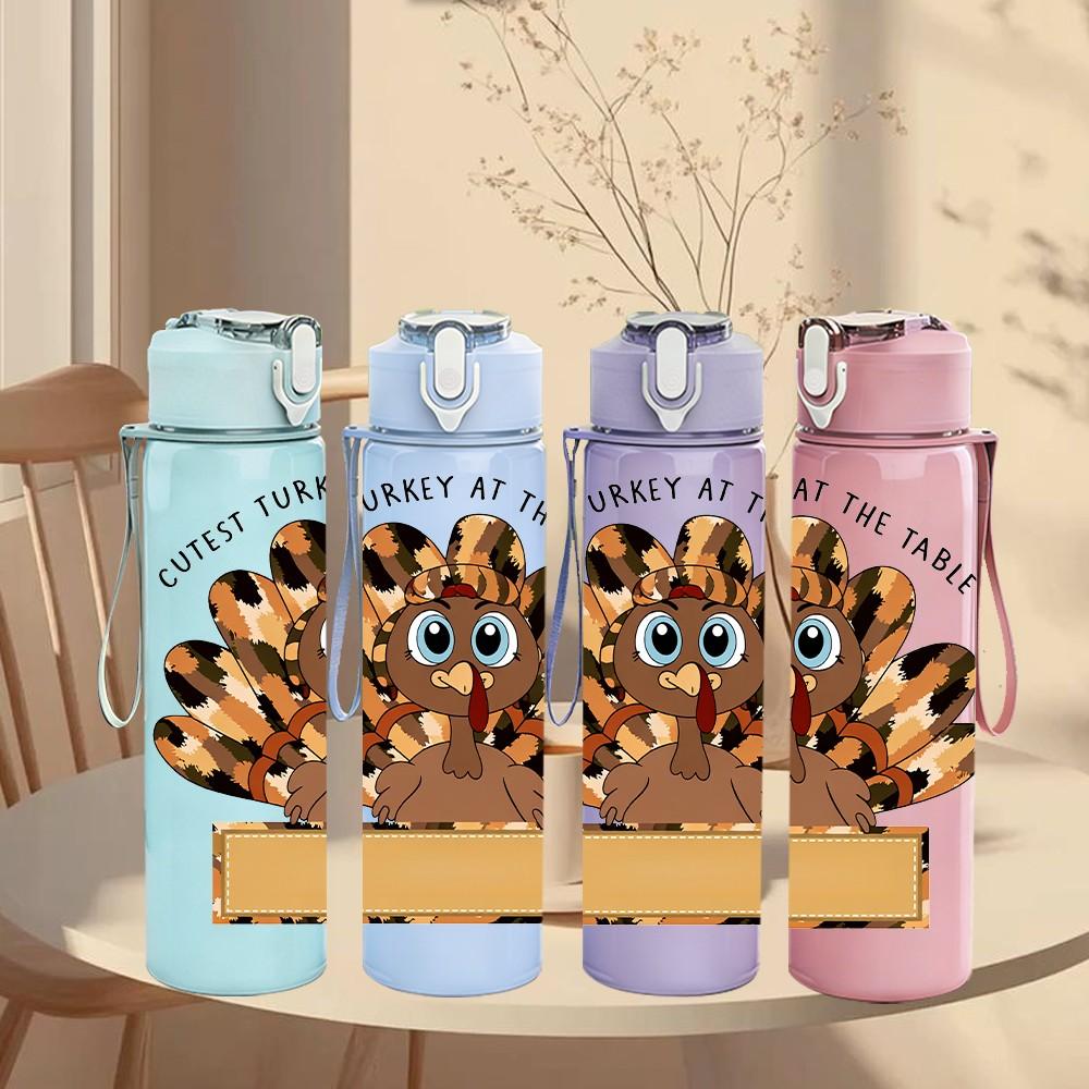 1PC Thanksgiving Turkey Cartoon Animal Art 750ml Color Plastic Sports Water Bottle Leakproof Flip Straw Lid Suitable for Sports Office Home Use