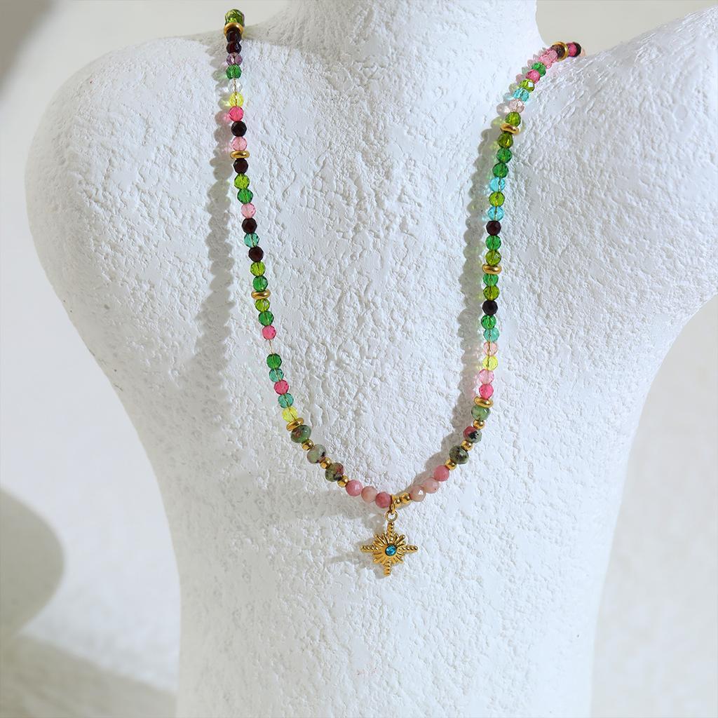Stainless steel multi-layer stacked turquoise bead sun round necklace bohemian vacation wind collarbone chain