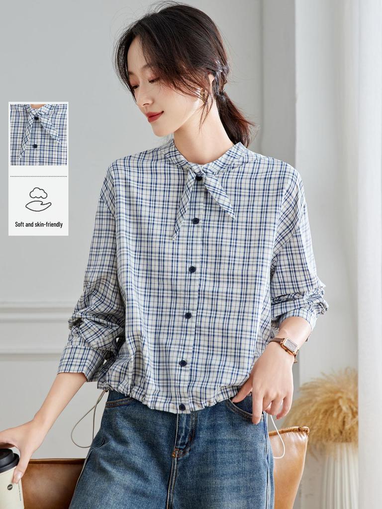 Jesień 2025 Damska Koszula w Kratę z Długim Rękawem i Kokardą