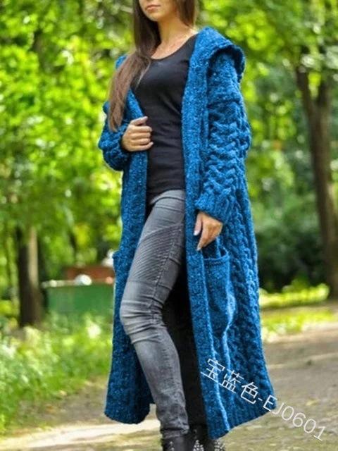 Women's Hood Neck Long Sleeve Cardigan Sweater Cape Fit British Style Solid Color Cable Knit Lazy Casual Commuter Long Knit Coat