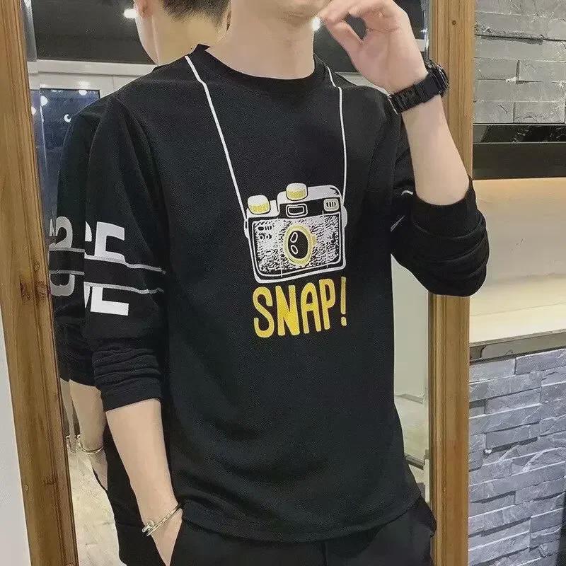 T-shirt Casual da Uomo Stile Coreano con Stampa, Manica Lunga, Vestibilità Slim, Autunno 2021