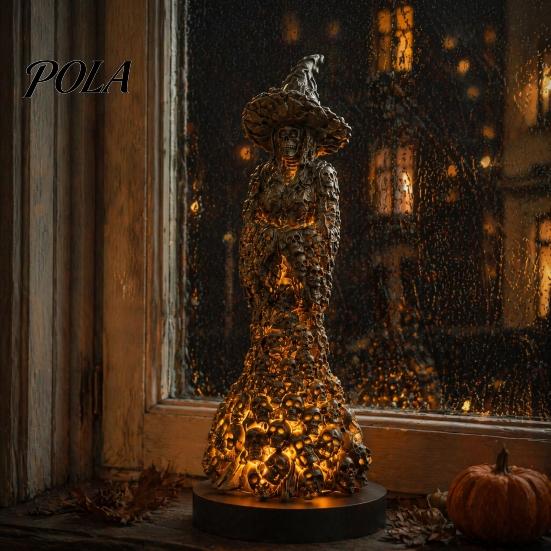 Glowing Bone Sculpture Skeleton Witch Resin Figurine, Halloween Gothic Skull Statue, Spooky Yard Lawn Secret Room Props Fantasy Ornament for