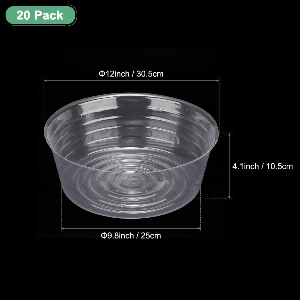 METERXITY 20-Pack 12" Plastic Plant Saucers for Indoor/Outdoor Use, Flower Pot Trays, and Drip Pans (Clear)
