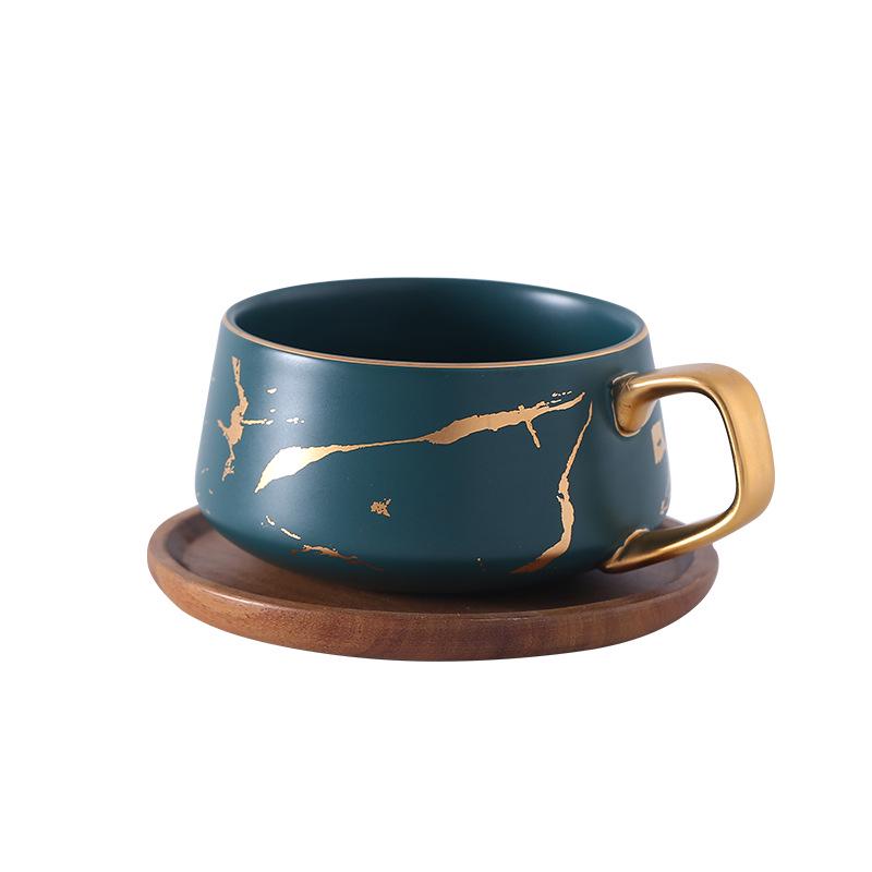 Japanese Ceramic Tea Cup: Matte Gold Marble & Black Pattern with Wooden Saucer