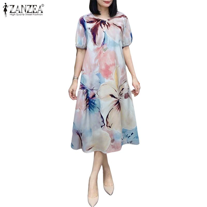ZANZEA Rochie lungă cu mânecă scurtă și guler rotund, casual, cu imprimeu floral, pentru femei
