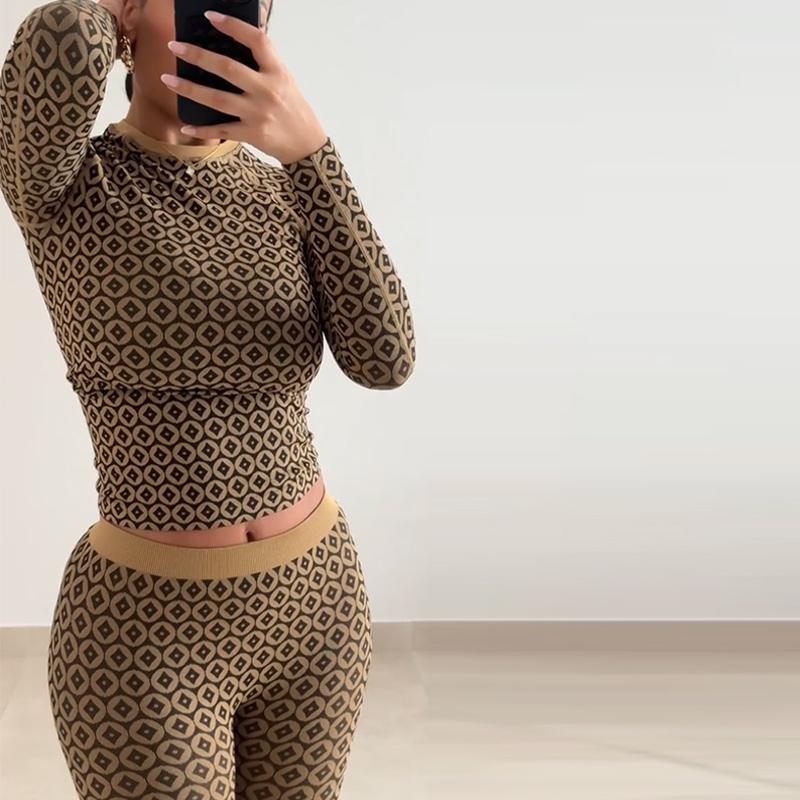 Printed Round Neck Top Pants Set Women's Sexy Hottie Long Sleeve Copper Coin Printed T-shirt Slim Casual Trousers New Fashion
