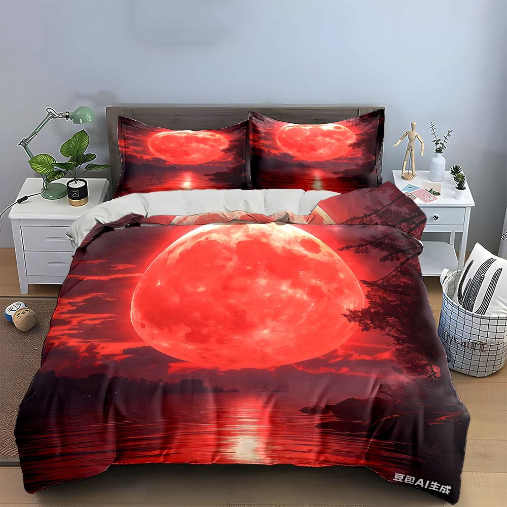 Red Moon Night Decorative Set Multiple Sizes Kid'S And Adults' Bedroom Exquisite 3Pc Bedding Set, Gift