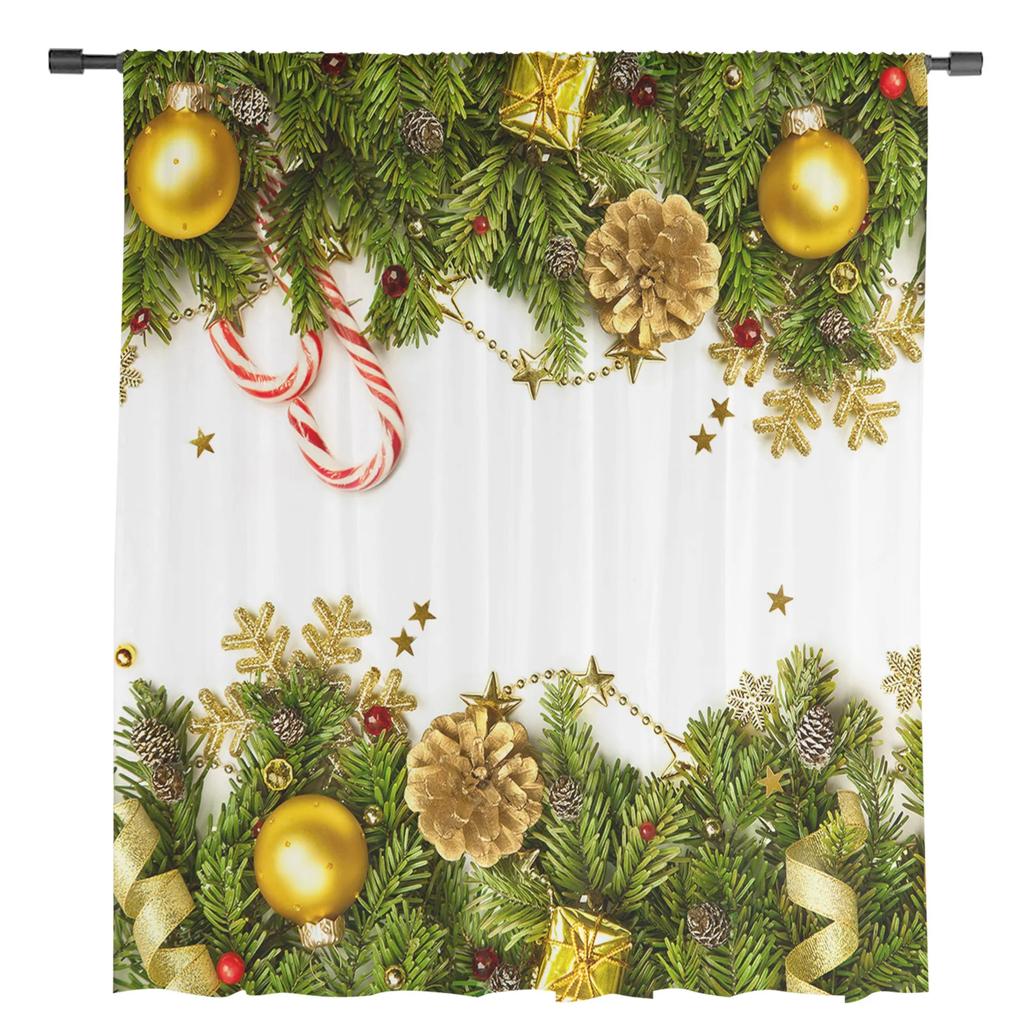 Christmas Pine Needles Lights Sheer Curtains for Living Room Decoration Window Curtains Kitchen Tulle Voile Curtains