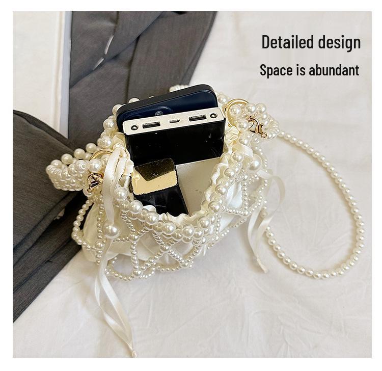 French Pearl Handbag: Elegant Women's Beaded Evening Bag, Large Capacity, Handmade Woven Shoulder Bag.